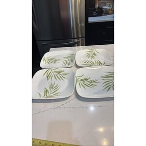 Corelle Vitrelle Bamboo Leaf Square Plates Set of 4 10.5" White Green